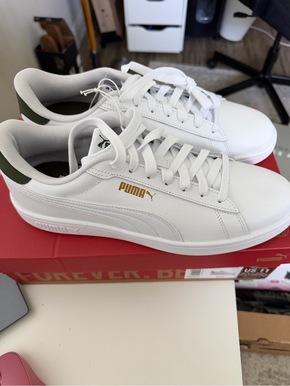 Puma White Sneakers with Olive Heel and Gold Logo